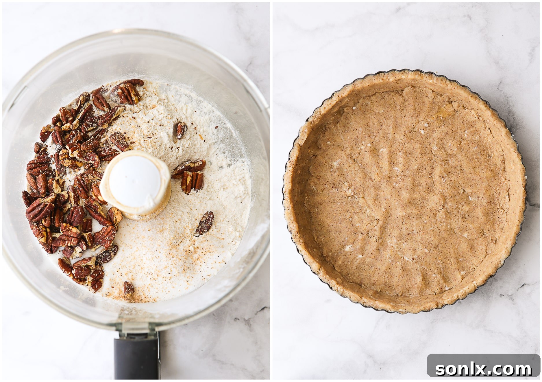 pecan shortbread crust in food processor and in tart pan