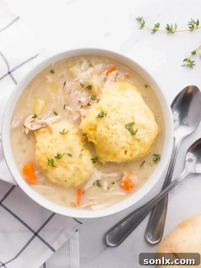 A steaming bowl of turkey and dumplings soup, garnished with fresh herbs, ready to be enjoyed on a chilly day.