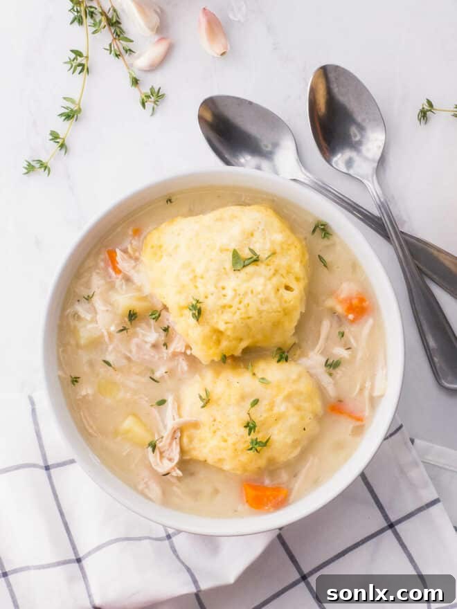 A close-up of a bowl of turkey and dumplings soup with two spoons, highlighting the fluffy texture of the dumplings and rich broth.