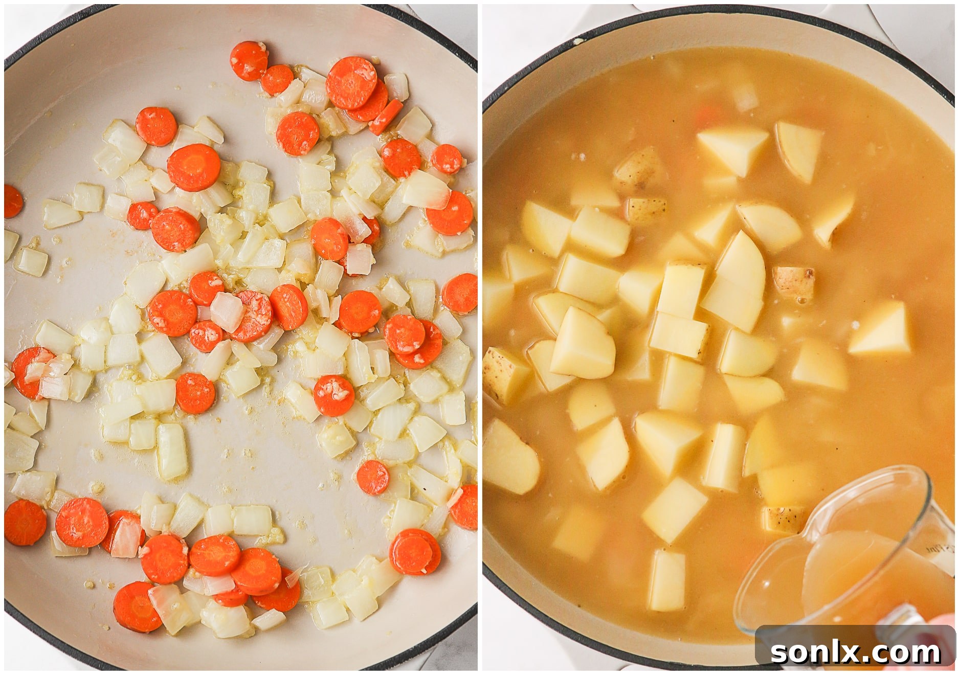 Onions, carrots, and garlic being sautéed in a large pot with butter, the base for the soup.