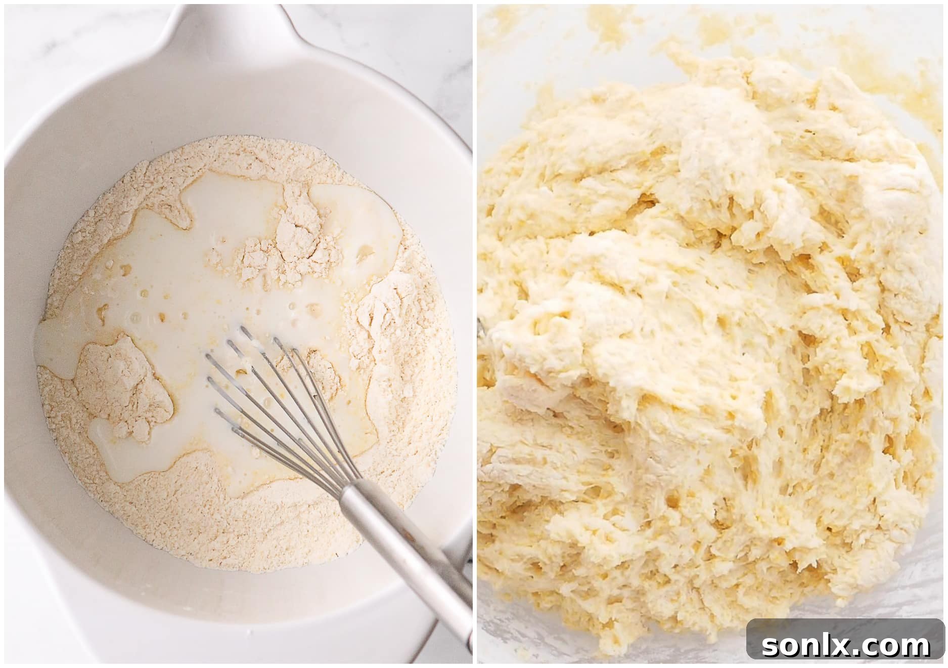 Mixing dry ingredients for dumplings in a bowl, alongside soup simmering in a pot.