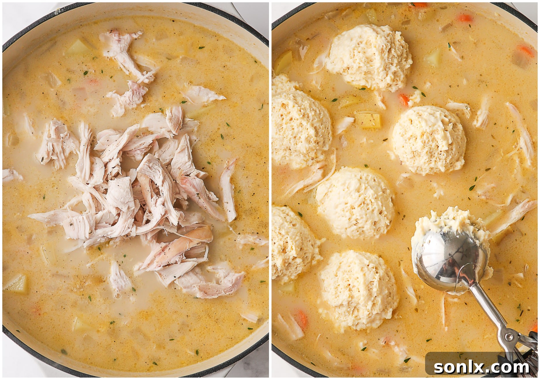 Cooked turkey and raw dumpling batter being added to the simmering soup in a large pot.