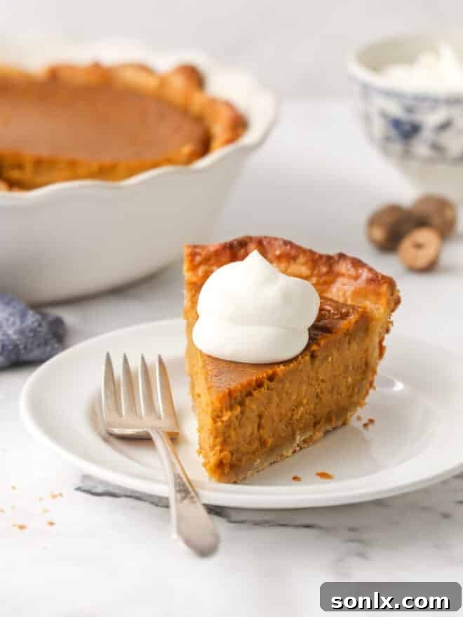 A slice of pumpkin pie on a plate, garnished with whipped cream and a sprinkle of cinnamon, ready to be eaten.