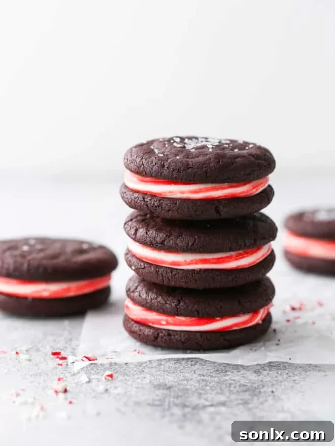 chocolate candy cane sugar cookies in a stack