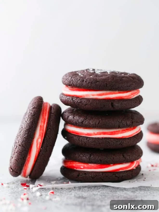 closeup of chocolate candy cane cookies in a stack