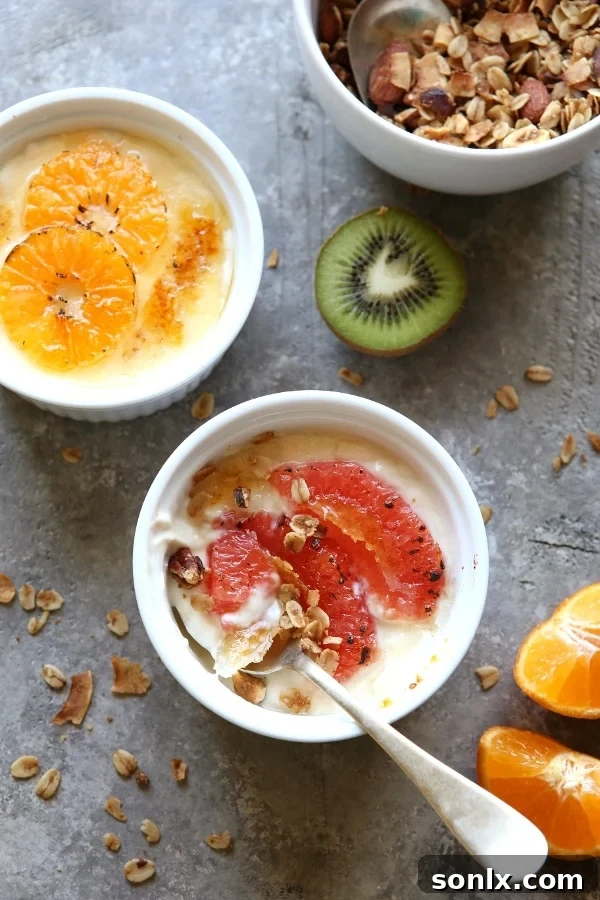 Three individual ramekins of Yogurt Brûlée with Winter Fruit, showcasing the varying textures of the fruit and the beautiful caramelized sugar topping, arranged aesthetically.
