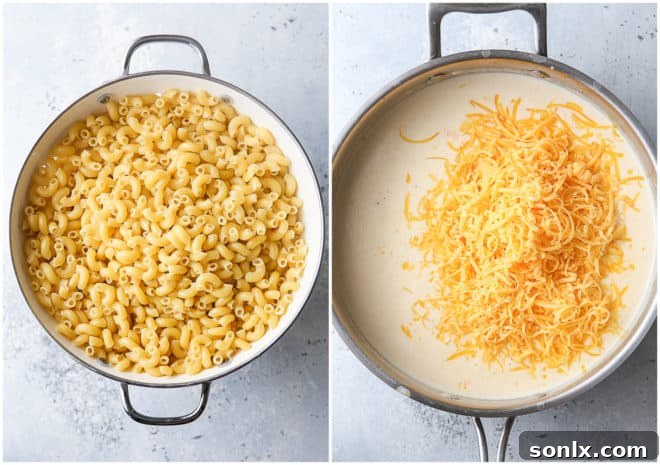 Cooked elbow macaroni noodles and a saucepan with cheese sauce being made.