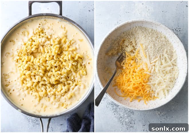 Macaroni noodles tossed in cheese sauce, next to a bowl of crispy topping mixture.