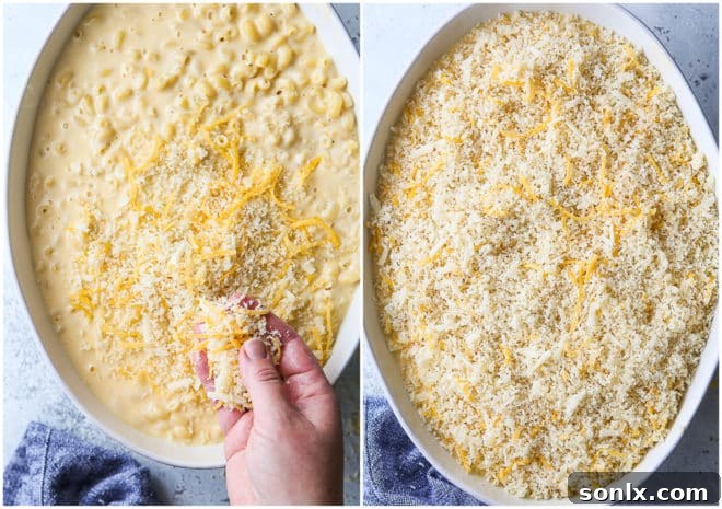Adding the crispy breadcrumb topping to the macaroni and cheese in a baking dish.