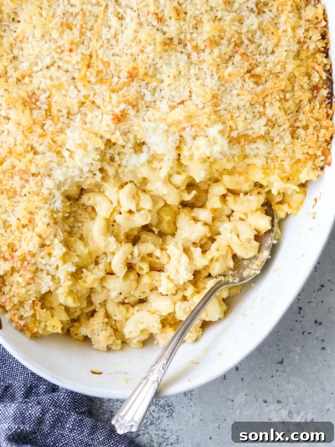 Baked macaroni and cheese in a baking dish, with a serving spoon ready.