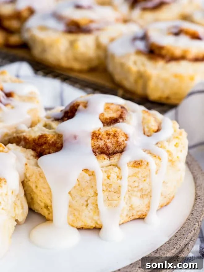 A close-up view of freshly baked cinnamon roll biscuits, showing the golden exterior and gooey cinnamon sugar swirl, on a pan.