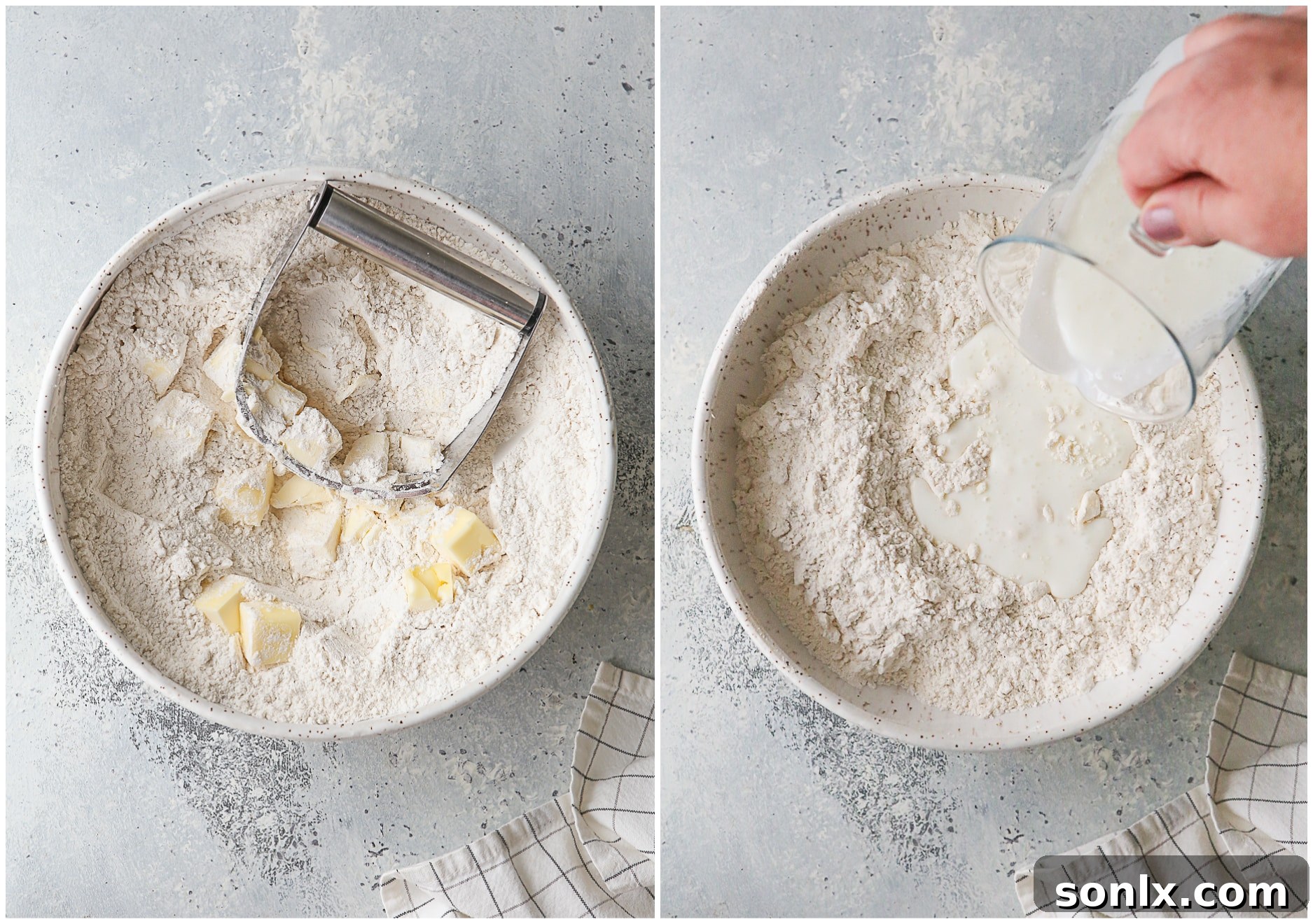 A bowl of dry ingredients for cinnamon roll biscuit dough, with flour, baking powder, baking soda, salt, and sugar clearly visible.