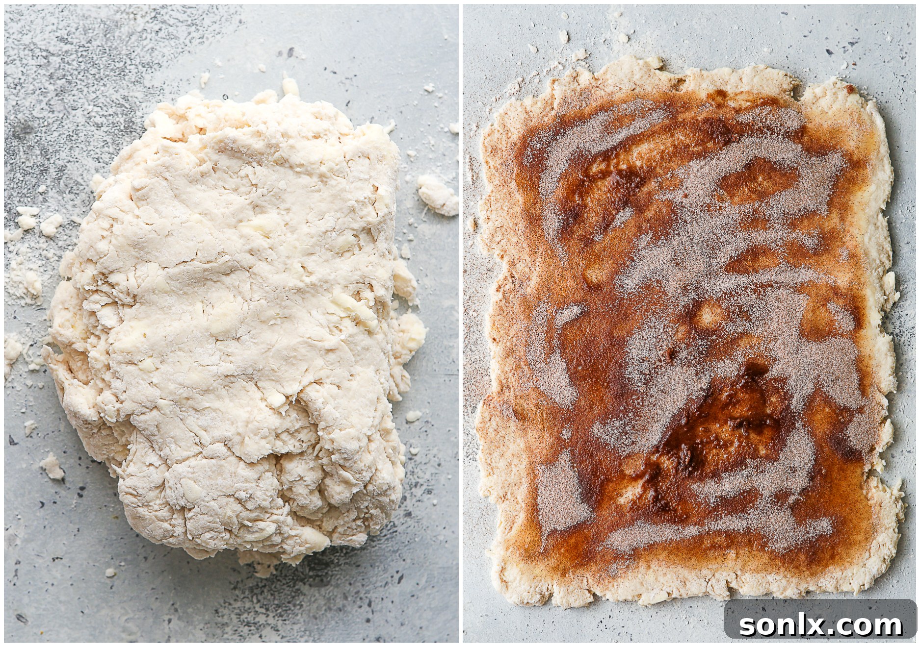 Hands rolling out biscuit dough on a floured surface and spreading cinnamon sugar filling, demonstrating the preparation for cinnamon roll biscuits.