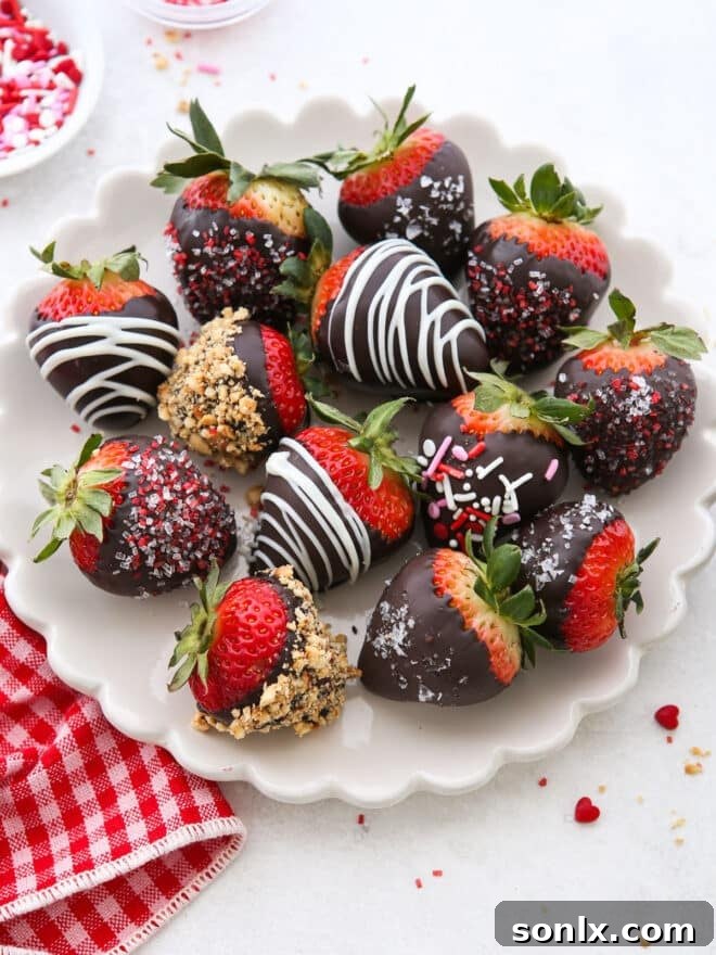 A stunning arrangement of chocolate covered strawberries on an elegant serving platter.