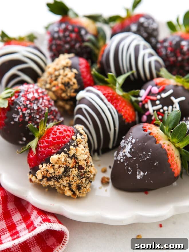 Another perspective of a strawberry being dipped, highlighting the creamy texture of the melted chocolate.