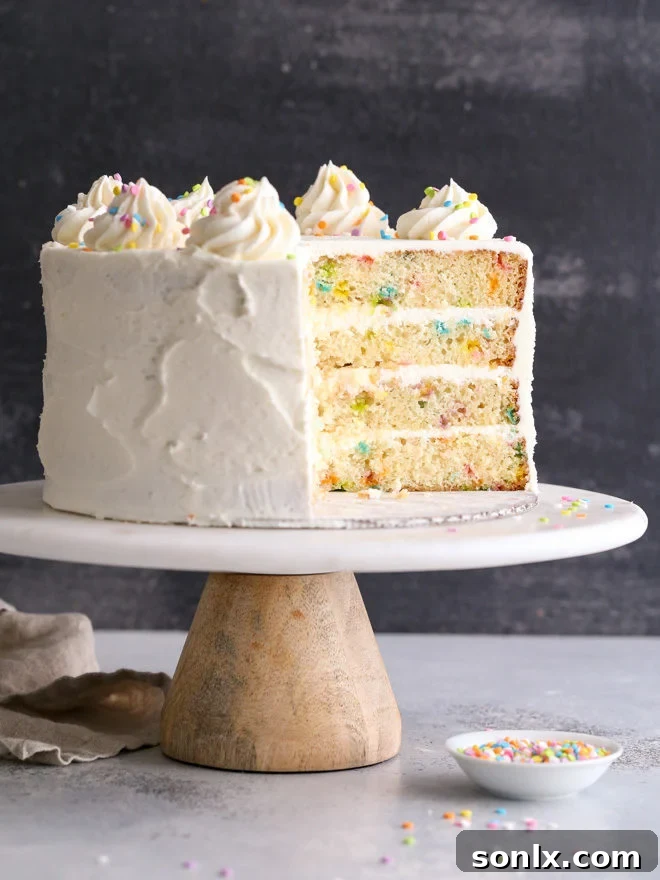 A beautifully frosted funfetti cake with rainbow sprinkles scattered over the top and along the sides, promising a delightful dessert experience.