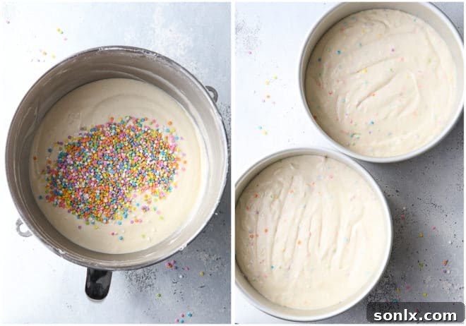 Cake batter with rainbow sprinkles mixed in, divided into baking pans, ready to go into the oven.