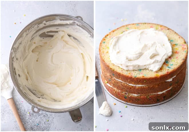The process of assembling a funfetti layer cake, showing a frosted layer being topped with another cake layer.