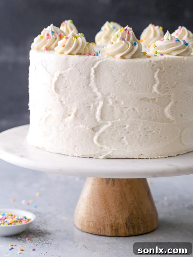 A vibrant funfetti cake with all its layers and frosting perfectly intact, topped with a generous amount of colorful sprinkles, ready for slicing and serving.