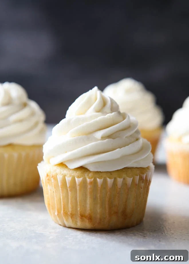 The fluffiest and creamiest vanilla frosting, piled high on a vanilla cupcake