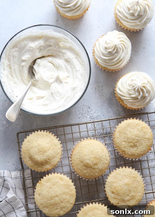 Decorating cupcakes with fluffy whipped vanilla frosting using a piping bag
