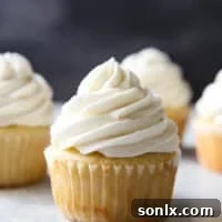 The fluffiest and creamiest vanilla frosting, piled on a cupcake