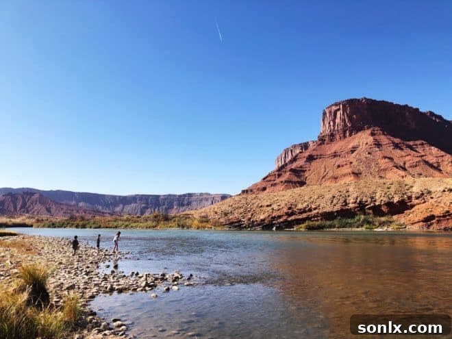 The majestic Colorado River winding gracefully through the dramatic red rock canyons of Moab, a true natural wonder