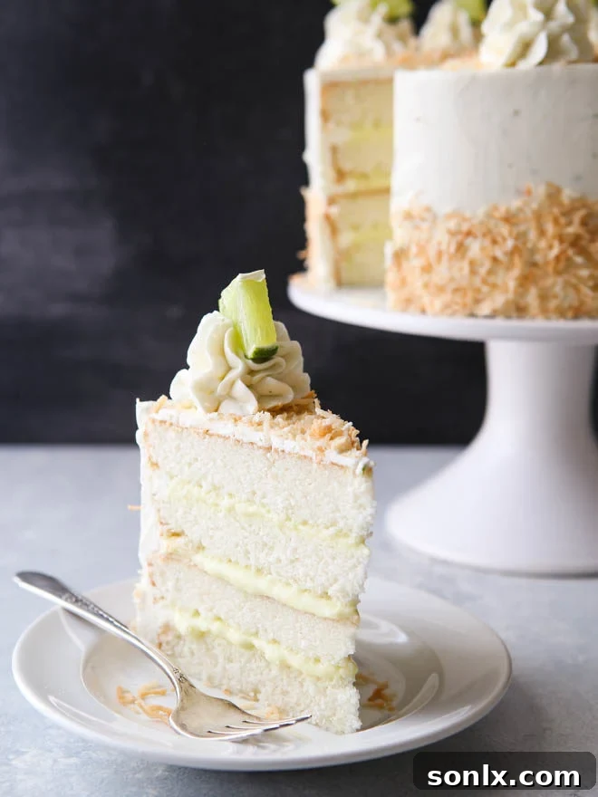 Close-up of the delicate texture of the Coconut Lime Layer Cake
