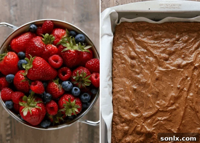 Berry Brownie Bliss Trifle 3 Fudgy brownies cooling in a colander next to freshly baked brownies in a pan.