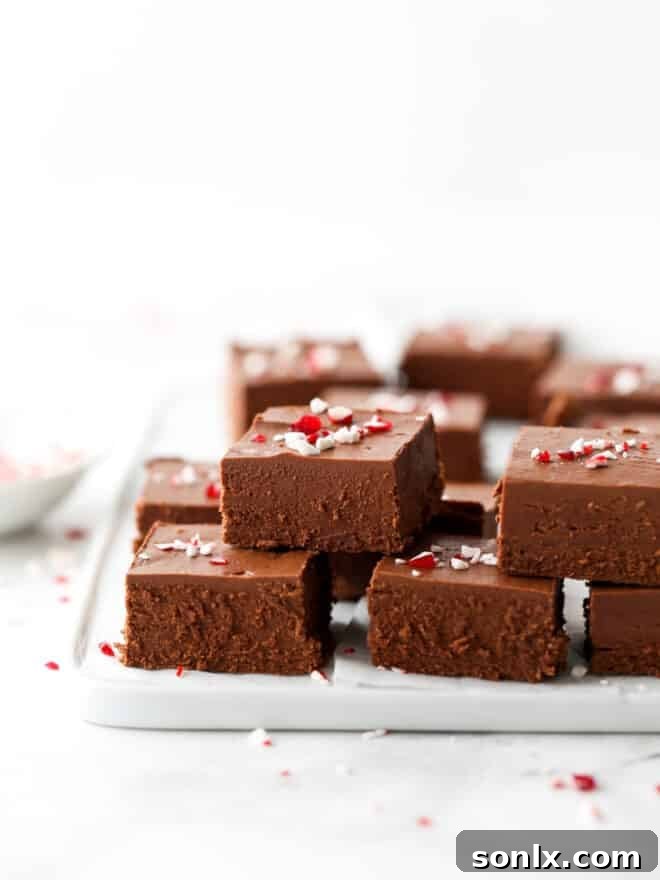 A beautiful stack of rich, dark homemade peppermint fudge squares, reminiscent of Frango mints, presented on a white plate, ready for holiday enjoyment.