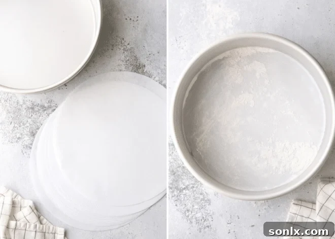 lining a cake pan with parchment paper