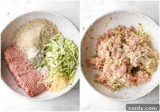 mixing turkey zucchini meatball mixture in bowl