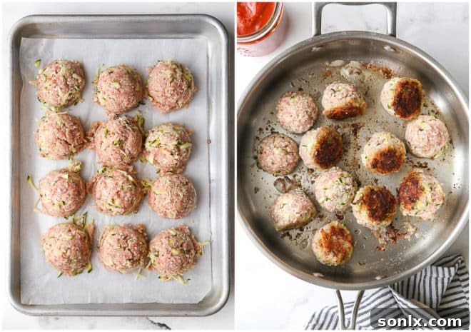 shaping meatballs and browning in pan