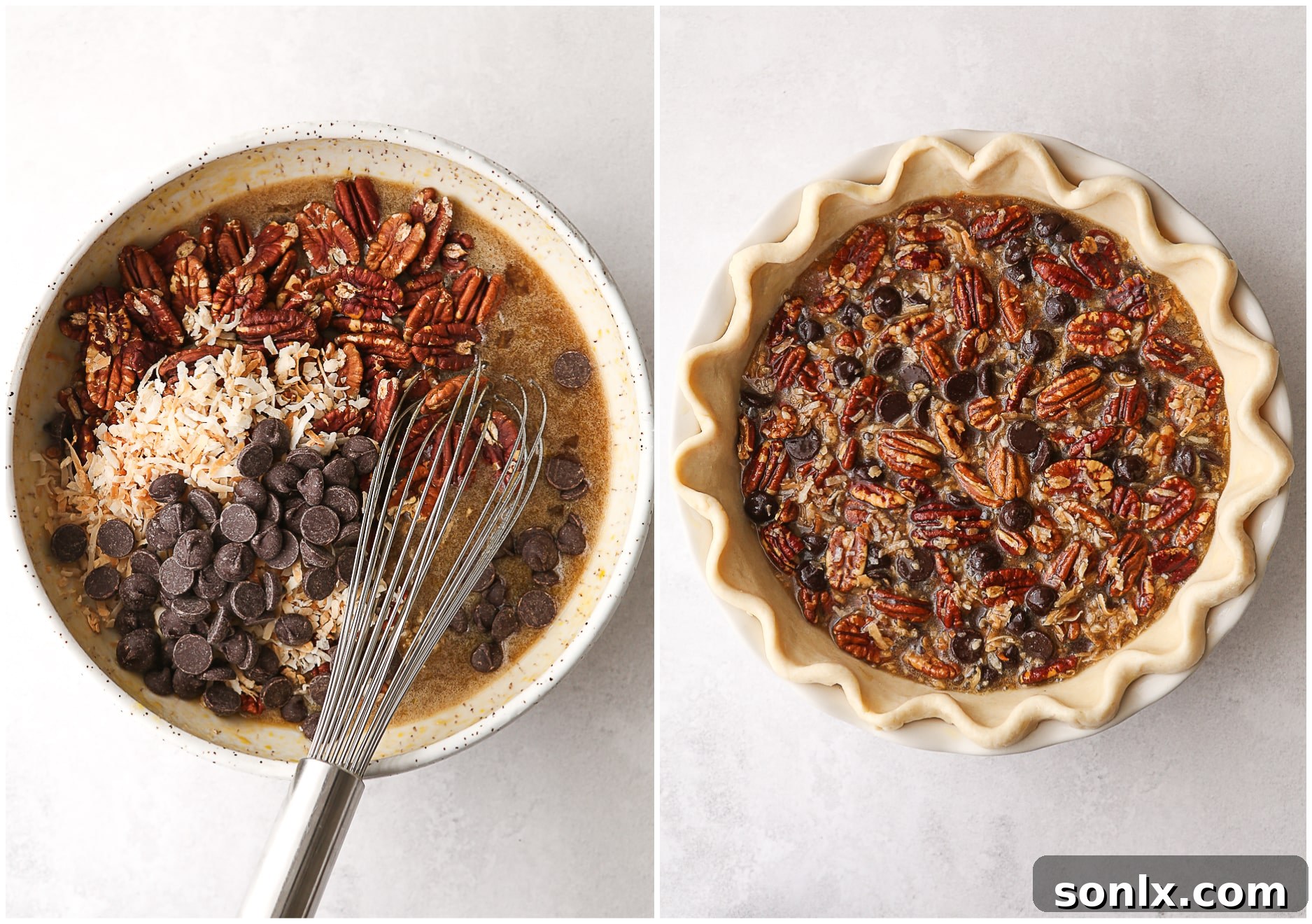 chocolate coconut pecan pie filling mixed and in pie shell