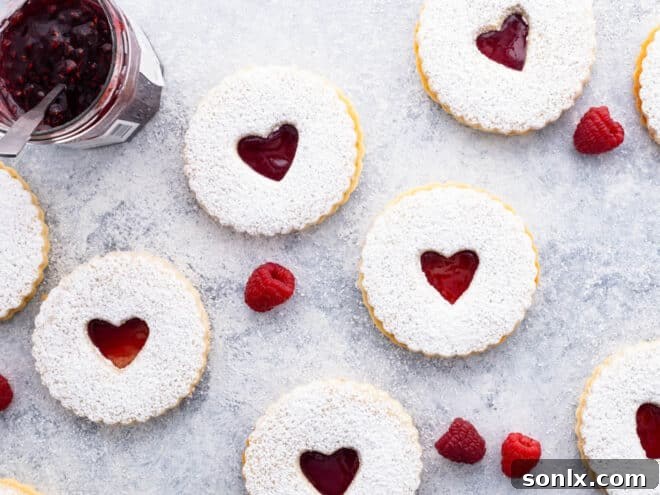 An array of Raspberry Almond Linzer Cookies artfully arranged, showcasing their delicate construction and festive appeal.