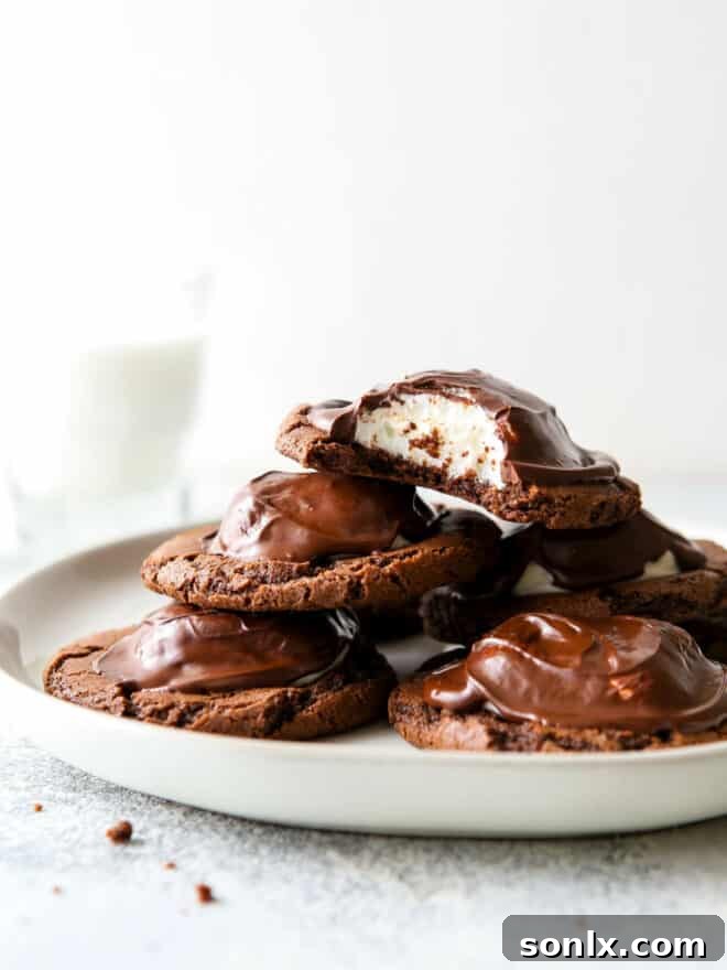 A generous pile of rich chocolate marshmallow cookies, soft and gooey, presented on a rustic white plate, with marshmallows peeking out.