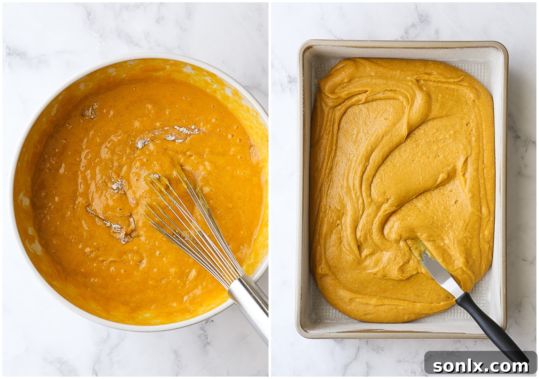 Pumpkin cake batter freshly mixed in a bowl, with a spatula spreading it into a greased baking pan, illustrating the preparation stage.