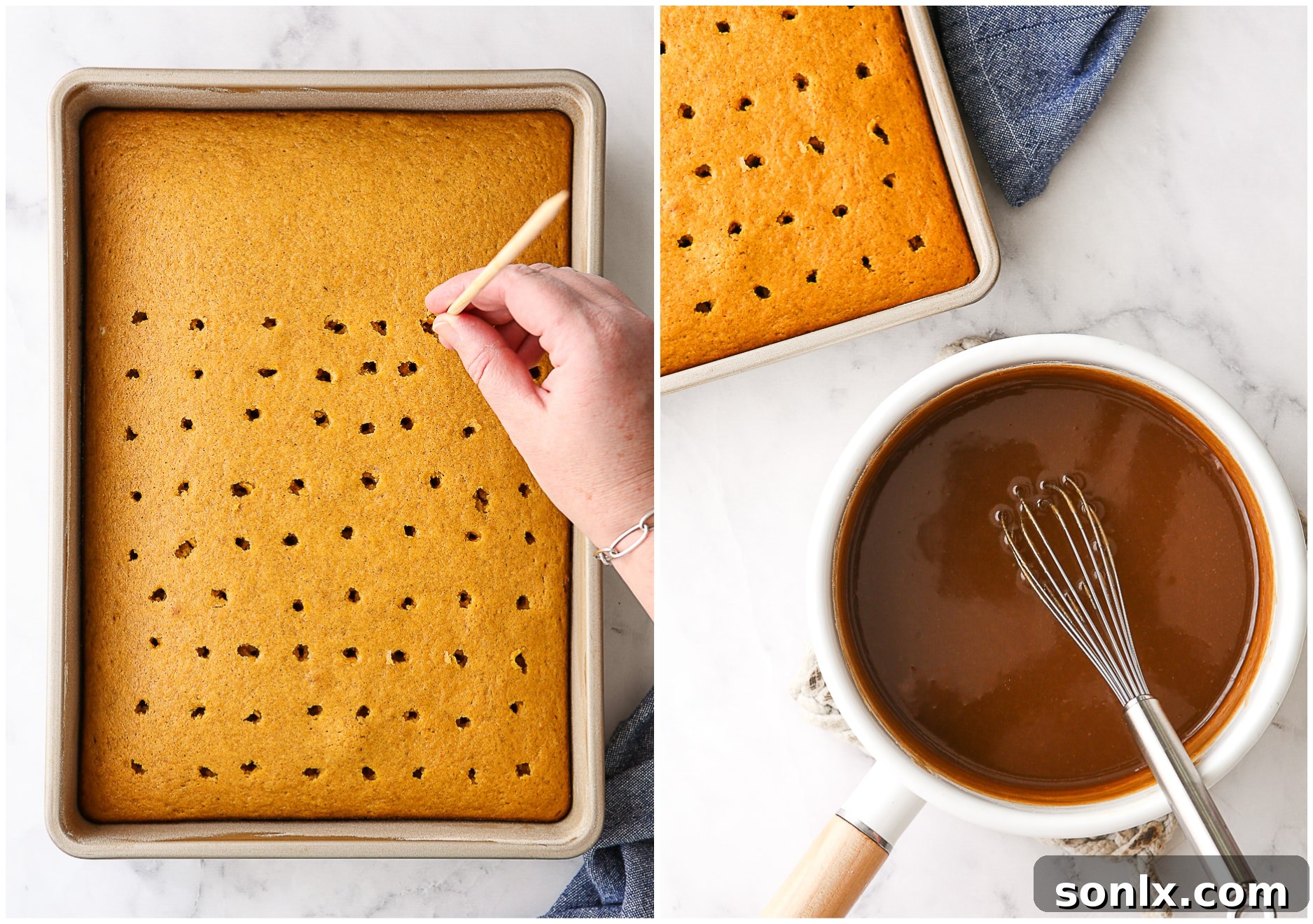 A close-up of a warm pumpkin cake with holes freshly poked, alongside a saucepan of simmering homemade caramel sauce, ready to be poured.