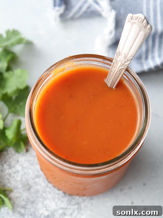 Close-up of the rich, red homemade butternut squash enchilada sauce.