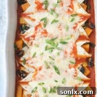 Butternut Squash, Mushroom, and Poblano Enchiladas ready to serve