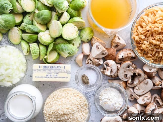 ingredients for brussels sprout and mushroom casserole laid out on a counter
