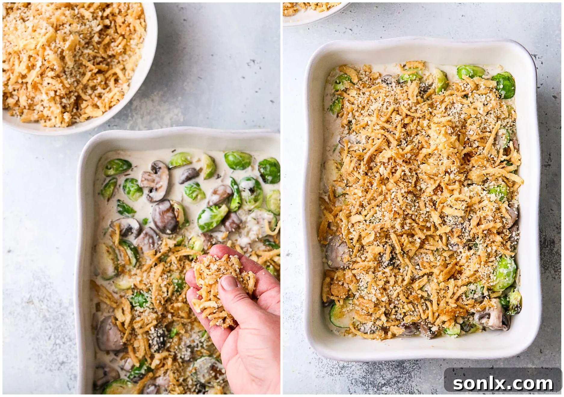 adding french onion topping to the top of casserole for a crispy finish