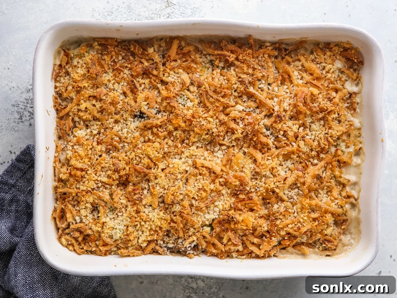 brussels sprout and mushroom casserole fresh out of the oven, golden and bubbly