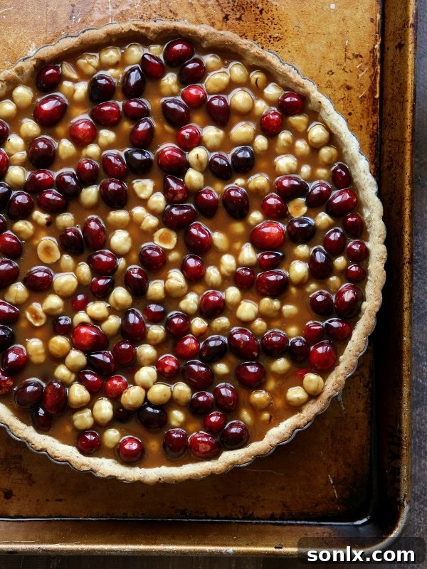 Cranberry, Caramel and Hazelnut Tart presented on a serving plate, ready to be enjoyed.