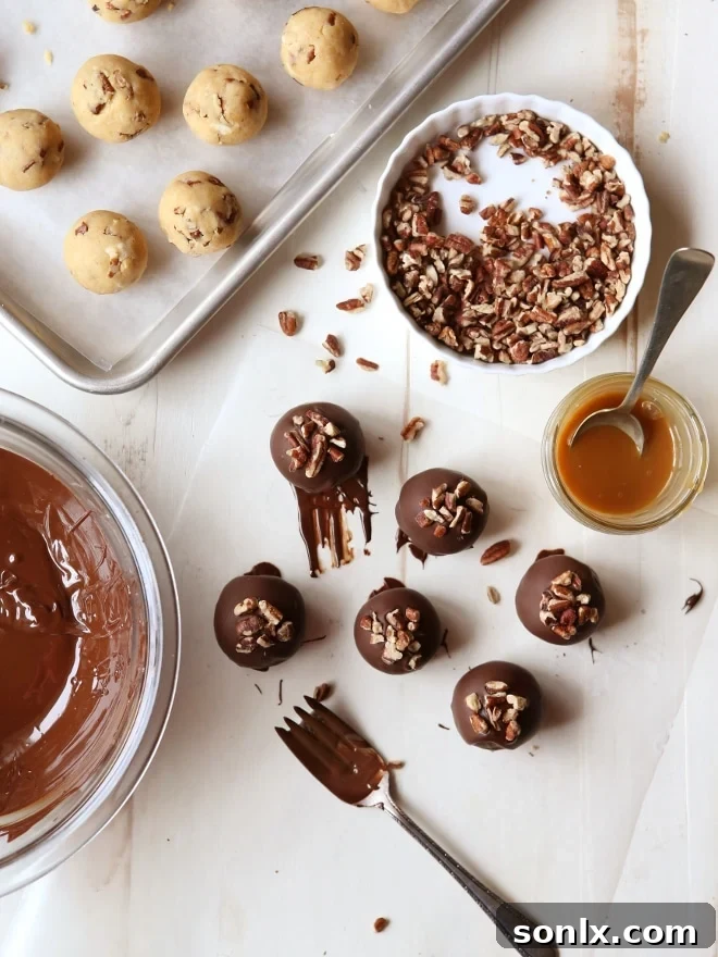 Turtle Cookie Truffles with pecans, caramel and chocolate | completelydelicious.com