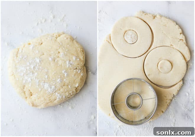 doughnut dough, rolling and cutting out doughnuts