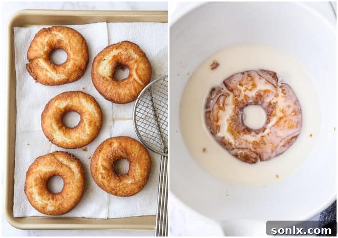 fried doughnuts, dipping in icing
