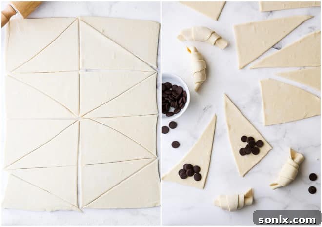 Step-by-step images showing puff pastry being rolled, cut, and filled with chocolate