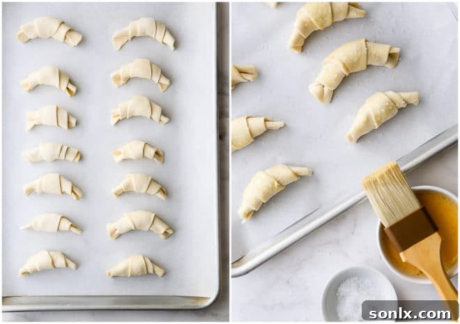 Puff pastry croissants rolled up and being brushed with an egg wash before baking