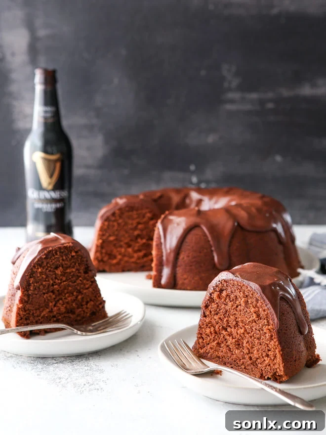 A beautifully glazed chocolate stout bundt cake, moist and rich, made with Guinness beer.